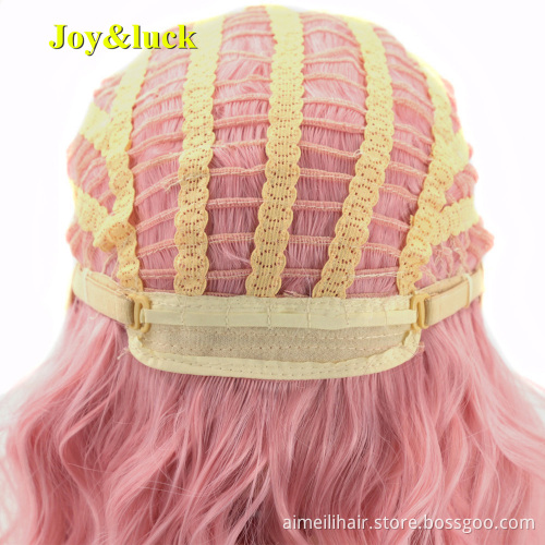 Ladies Wholesale Prices Wig Cosplay Or Party Water Waver Synthetic Short Curly Natural Bobo With Bangs Pink Color Ladies Wigs